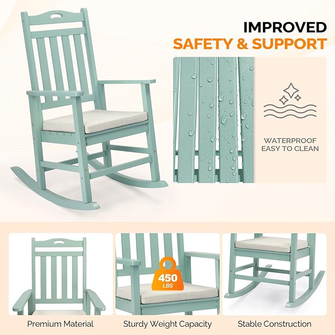 VINGLI Outdoor Rocking Chair, Heavy Duty 450 lbs Poplar Wooden Rocking Chair with High Backrest Design, Come with a Cushion, All-Weather Lounge Rocker Support for Garden, Deck (Mine Green, 2 PCS)