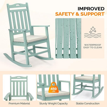 VINGLI Outdoor Rocking Chair, Heavy Duty 450 lbs Poplar Wooden Rocking Chair with High Backrest Design, Come with a Cushion, All-Weather Lounge Rocker Support for Garden, Deck (Mine Green, 1 PC)