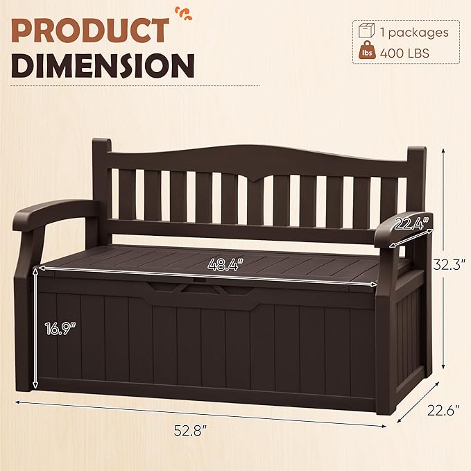 JUMMICO 80 Gallon Resin Outdoor Storage Bench, Large Deck Box with Armrest, Lockable&Waterproof for Garden, Home, Patio, Pools (Brown, 80 Gallon)