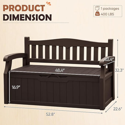 JUMMICO 80 Gallon Resin Outdoor Storage Bench, Large Deck Box with Armrest, Lockable&Waterproof for Garden, Home, Patio, Pools (Brown, 80 Gallon)
