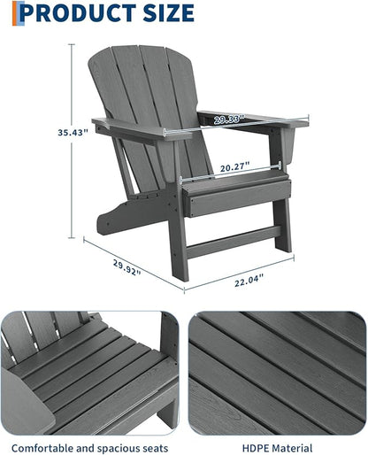 GarveeLife Modern HDPE Plastic Adirondack Chair Set of 4 - Oversize 380 LB Poly Lumber Weather Resistant Firepit Chair - Outdoor Patio Chairs with Wooden Textured for Deck, Pool, Porch - Grey