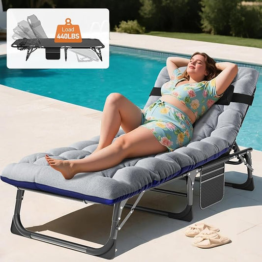 MOPHOTO Folding Chaise Lounge Chair 5-Position, Folding Cot, Heavy Duty Patio Chaise Lounges for Outside, Poolside, Beach, Lawn, Camping (Lounge Cot, Silver Azure)