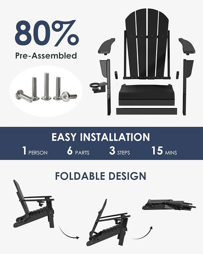 Folding Adirondack Chair Set of 6, All-Weather Resistant HDPE Patio Firepit Seats, Sturdy Outside Seating With Cup Holder, 80% Pre-Installed, Load Capacity 385lb, Black