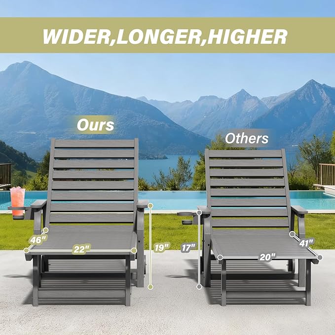5-Position Adjustable Patio Chaise Lounge - 78'' HDPE Outdoor Lounger with Rolling Wheels & Cup Holder, Longer, Wider, Higher - Perfect for Poolside & Deck, Gray, 2pcs