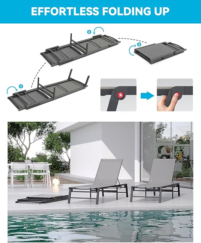 Aluminum Chaise Lounge Chair Outdoor, Foldable Patio Lounge Chair 2 Sets Assemble-Free - Photo 5