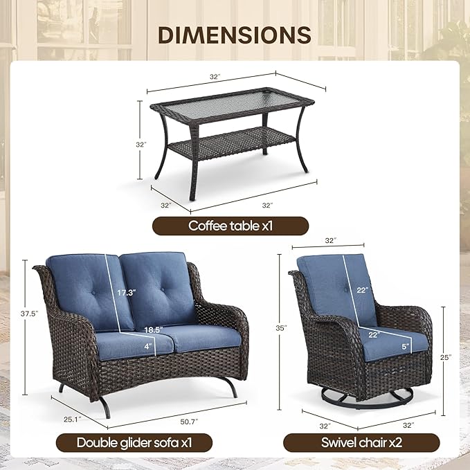 Patio Loveseat Glider Set, Resin Wicker Loveseat Glider with 4 Swivel Patio Chiars Coffee Table, 6 Piece Patio Conversation Set PE Rattan Loveseat Set, Brown Wicker|Blue Cushions