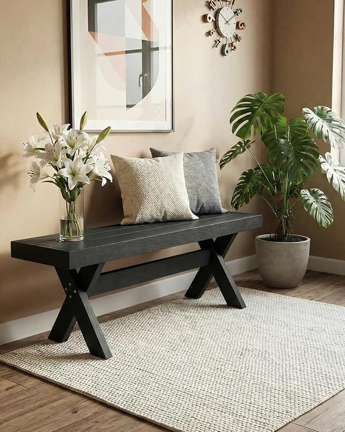 44.5" HIPS Outdoor Bench, X-Shaped Modern Backless Garden Bench, All Weather Patio Bench with Wood Grain Texture, Easy Assembly for Garden, Porch, Backyard & Park-Wood-Grain Black