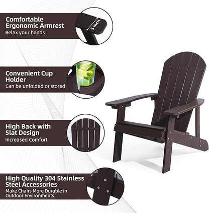 Adirondack Chair, All Weather Resistant Plastic Chairs with Cup Holder, 5 Easy Steps to Install, Outdoor Chairs for Patio, Garden, Backyard Deck, Lawn, Fire Pit - Brown