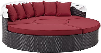 Modway Convene Wicker Rattan Outdoor Patio Retractable Canopy Round Poolside Sectional Sofa Daybed with Cushions in Espresso Red