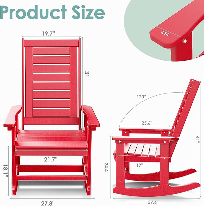 IVY&LANE Outdoor Rocking Chairs Set of 2 | Porch-Rockers | Red | HDPE Plastic | All-Weather | High Back | Wide Seat | Oversized Patio Rocker for Adult | for Outside Deck Balcony Garden