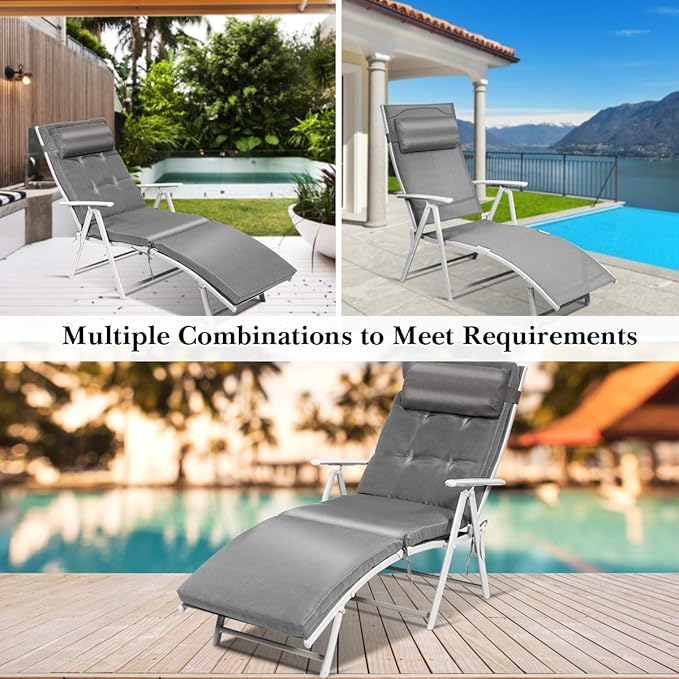 COSTWAY Outdoor Folding Chaise Lounge Chair, Lightweight 7-Gear Adjustable Recliner with Neck Pillow, No Assembly, Ideal for Deck, Patio (Grey)