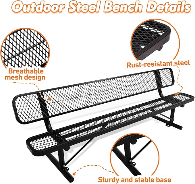 Ceridwen Outdoor Benches Heavy Duty Steel Frame Park Bench with Backrest Bench,Park Bench Steel Mesh Outdoor Bench for Garden,Weatherproof Outdoor Bench for Garden (Black, 8FT)