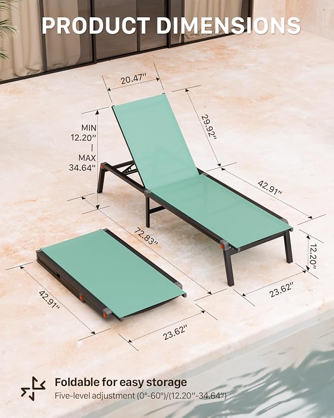 Aluminum Chaise Foldable Patio Lounge Chair Outdoor, Metal Deck Lounger Adjustable 5-Position Recliner Pool Chase Breathable Full Flat Outside Sun Tanning Chairs for Beach/Poolside/Lawn(Green, 1Pack)