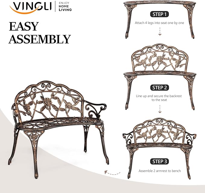Bonnlo 2 Seater Garden Bench Outdoor Bench Furniture Patio Bench Seating Park Patio Seat Cast Iron Cast Aluminium Frame Antique Finish Chair