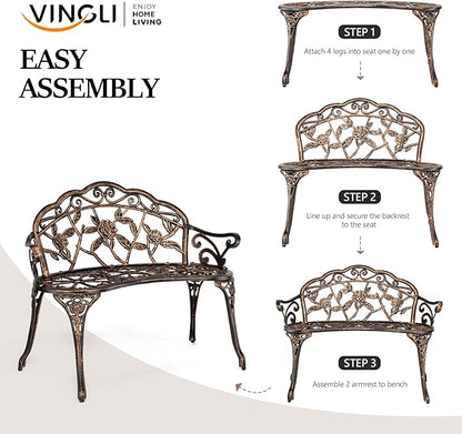 Bonnlo 2 Seater Garden Bench Outdoor Bench Furniture Patio Bench Seating Park Patio Seat Cast Iron Cast Aluminium Frame Antique Finish Chair