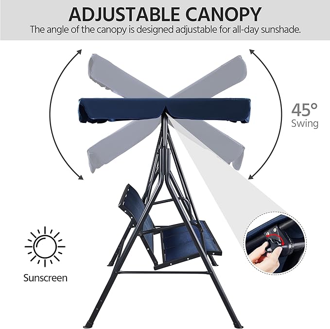 Yaheetech Outdoor Porch Swing Chair for Adults, 3-Seat Patio Sunset Hanging Swing w/Texteline Fabric & Adjustable Canopy & Armrests, Canopy Lounge Chair for Backyard/Garden/Balcony, Blue
