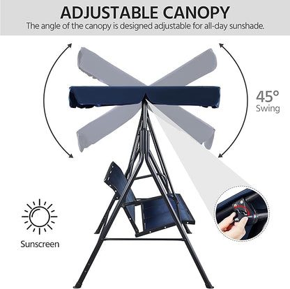 Topeakmart Patio Swing Chair, 3-Seat Outdoor Porch Swings, Texteline Fabric Canopy Lounge Chair with Adjustable Canopy & Armrests & Metal Frame for Garden Poolside Bench Backyard, Blue