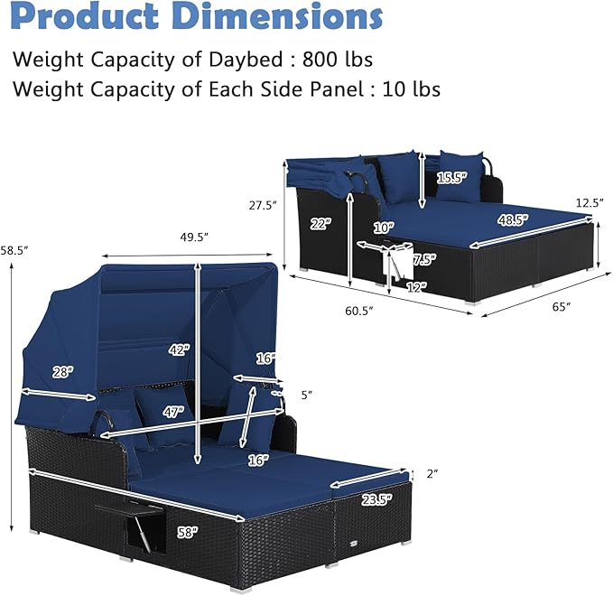 LDAILY Moccha Outdoor Daybed with Retractable Canopy, Wicker Cabana with 2 Side Tables & Soft Cushions,Hand-Woven PE Rattan Bed Lounger, Patio Sectional Furniture Set for Garden Backyard Porch (Navy)