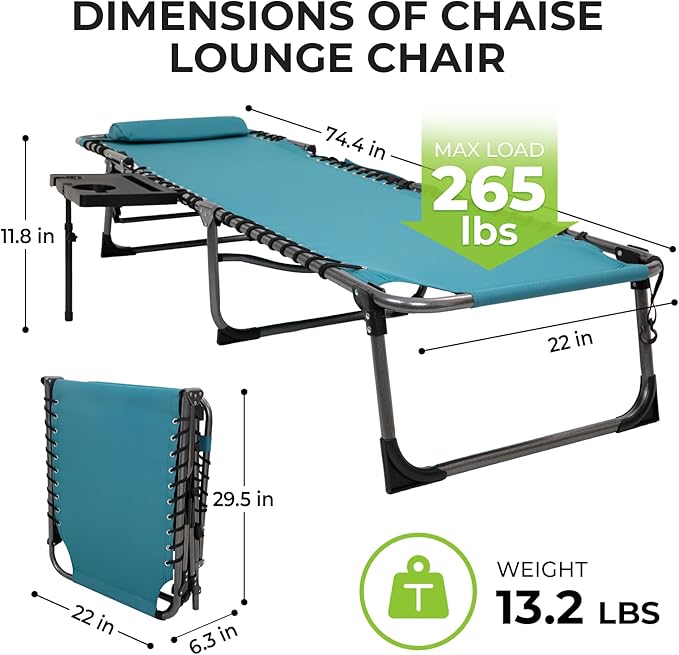 FUNDANGO Chaise Lounge Chair Outdoor, 5-Position Folding Tanning Chair with Detachable Side Table & Pillow, 180° Lay Flat Portable Beach, Heavy Duty U-Frame for Patio, Pool, Lawn, 265lbs (Cyan)