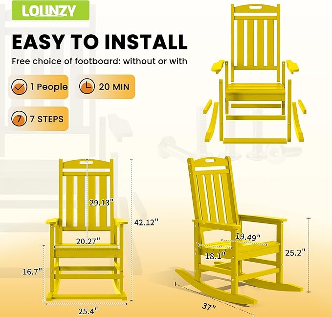 LOUNZY Outdoor Rocking Chair, HDPE Patio Rocking Chair with Footboard for Adults, All Weather Heavy Duty Front Porch Rocker, Yellow