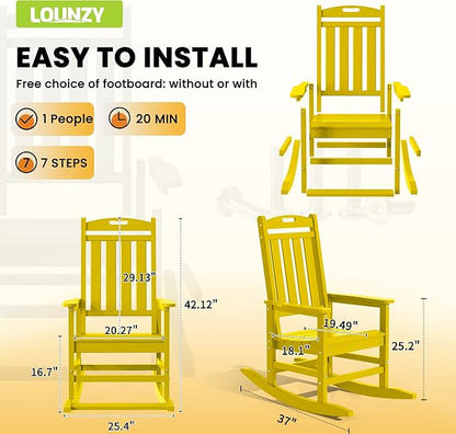 LOUNZY Outdoor Rocking Chair with Footboards Set of 4, HDPE Rocking Chair Patio Porch Rocker with 380lbs Support for Adult, Yellow