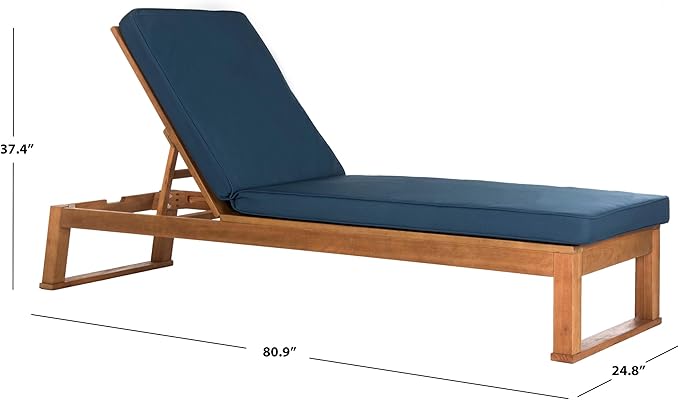 SAFAVIEH Outdoor Collection Solano Natural Brown Solid Wood/Navy Blue Cushion Patio Adjustable Chaise Lounge Chair (PAT7024C)