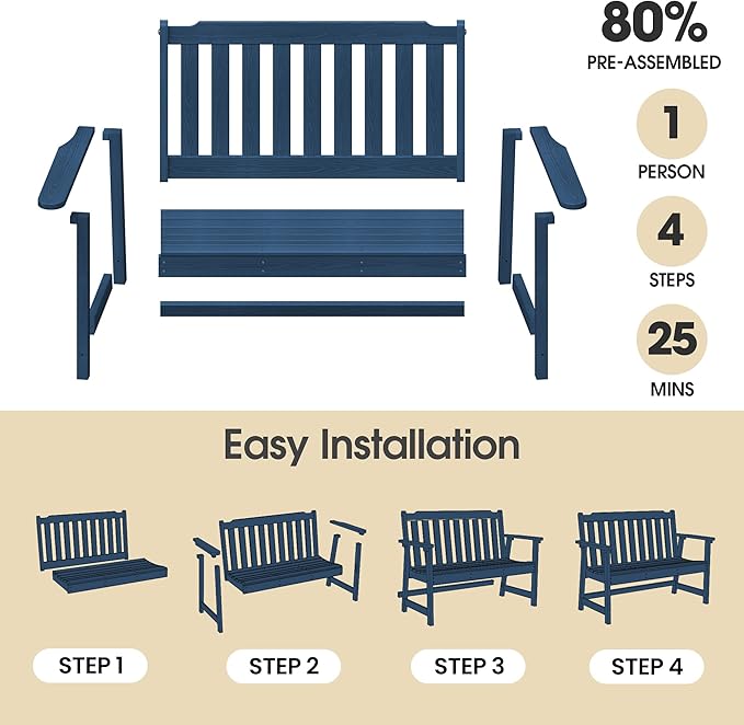 Ciokea 49" Heavy Duty Outdoor Bench, HDPE Weatherproof Porch Benches, Durable 2-Person Garden Benches with 660 Lbs - Photo 6