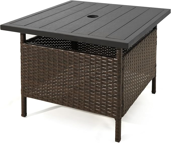 Tangkula Outdoor Wicker Table, Rattan Coffee Table with Umbrella Insert Hole, HDPE Tabletop & Sturdy Metal Frame, Patio Umbrella Side Table Stand for Backyard, Garden, Poolside (Mix Brown)