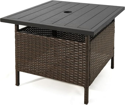 Tangkula Outdoor Wicker Table, Rattan Coffee Table with Umbrella Insert Hole, HDPE Tabletop & Sturdy Metal Frame, Patio Umbrella Side Table Stand for Backyard, Garden, Poolside (Mix Brown)