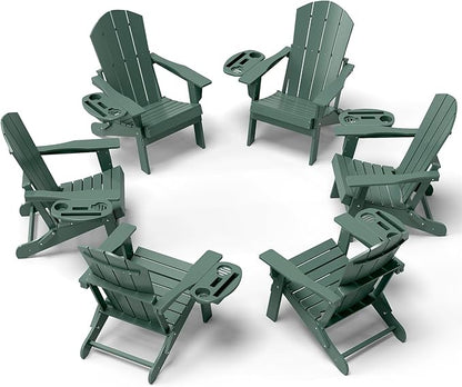 Adirondack Chair Set of 6, HDPE Folding Adirondack Chair with Multifunctional Cup Holder, Weather Resistant Fire Pit Chair for porches, patios, poolsides, Decks.