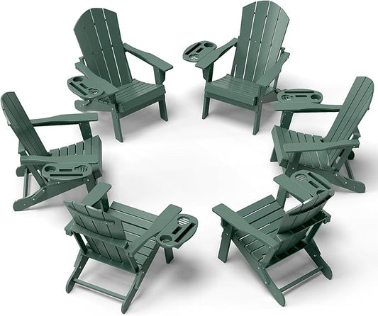 Adirondack Chair Set of 6, HDPE Folding Adirondack Chair with Multifunctional Cup Holder, Weather Resistant Fire Pit Chair for porches, patios, poolsides, Decks.