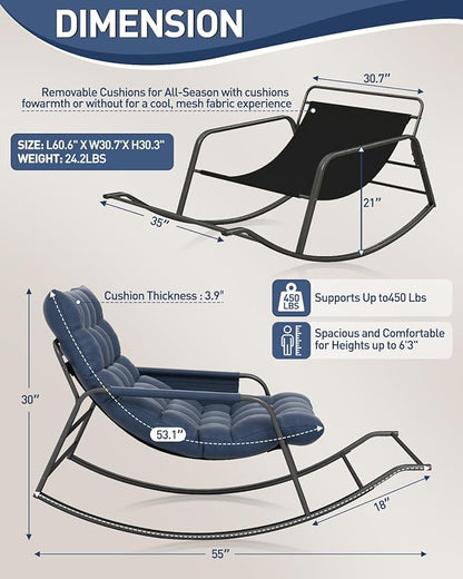 Oversized Outdoor Rocking Chair, Papasan Chair with Comfy Padded Cushions & Side Pocket, for Patio Garden, Porch, Lounge, Indoor, Navy