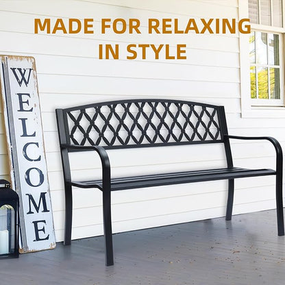 Lattice Metal Park Patio Bench, Outdoor Bench in Black for Porch, Lawn, Garden, Deck by Sun-Ray