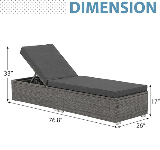 JOIVI Outdoor Patio Chaise Lounge Chairs Set of 2, PE Wicker Patio Pool Lounge Chairs Furniture Set of 2, Pool Lounger Gray Rattan Adjustable Backrest with Removable Dark Gray Cushion