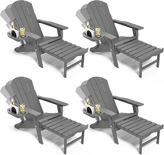 Adjustable Adirondack Chair with Retractable Ottoman Set of 4, HDPE Folding Adirondack Chair with Cup Holder, All Weather Fire Pit Chair for Outdoor.