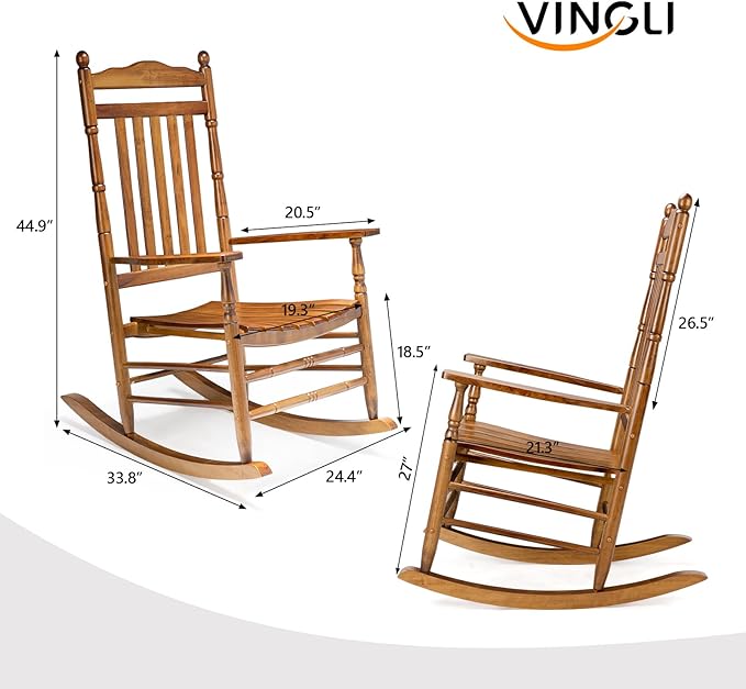 VINGLI Wooden Rocking Chair Outdoor, Patio Rockers with High Back, Support 450 LBS Rocking Chairs, for Porch, Patio, Balcony, Garden, Yard (Oak, 1 PC)