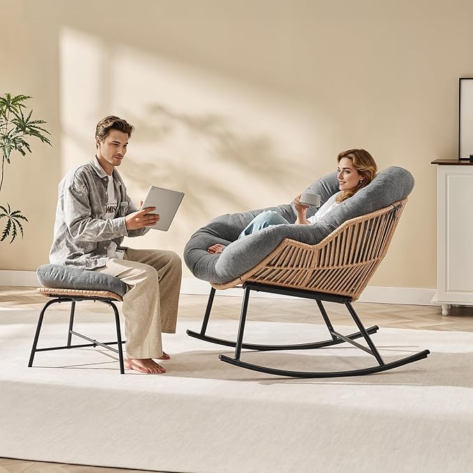 ONBRILL Papasan Rocking Chair with Ottoman,Oversized Papasan Chair with Padded Cushion, Indoor & Outdoor Rocker Chair for Living Room, Patio, Garden, Gray