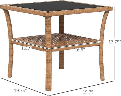 Outsunny Rattan Side Table, Outdoor End Table with Storage Shelf, Aluminum Frame Square, Coffee Table with Tempered Glass Top, Sand