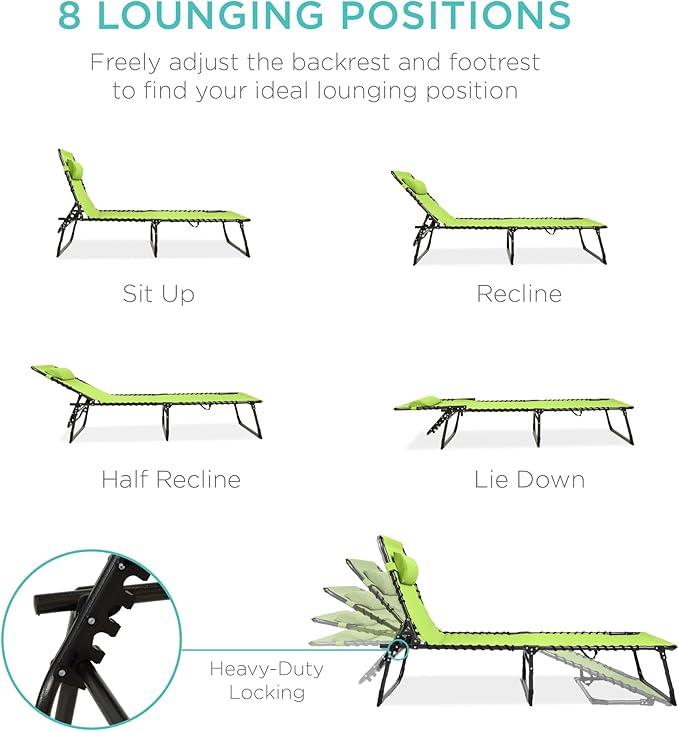Best Choice Products Patio Chaise Lounge Chair, Portable Outdoor Folding Recliner for Lawn, w/ 8 Positions, Handles, 300lb Capacity - Lime Green