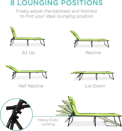 Best Choice Products Patio Chaise Lounge Chair, Portable Outdoor Folding Recliner for Lawn, w/ 8 Positions, Handles, 300lb Capacity - Lime Green