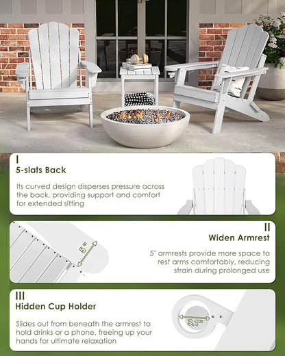 GREENVINES Oversized-Folding-Adirondack-Chairs-Set-of-6 | HDPE Plastic | Cup Holder | Fire Pit Chair | All Weather | for Outdoor Deck Backyard | White