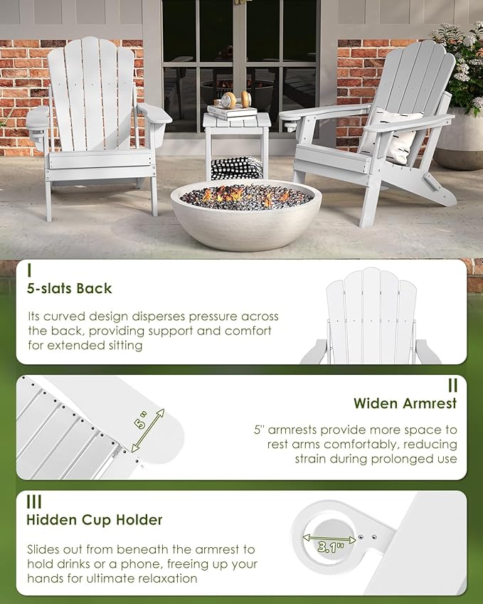 GREENVINES Oversized-Folding-Adirondack-Chairs-Set-of-4 | HDPE Plastic | Cup Holder | Fire Pit Chair | All Weather | for Outdoor Deck Backyard | White