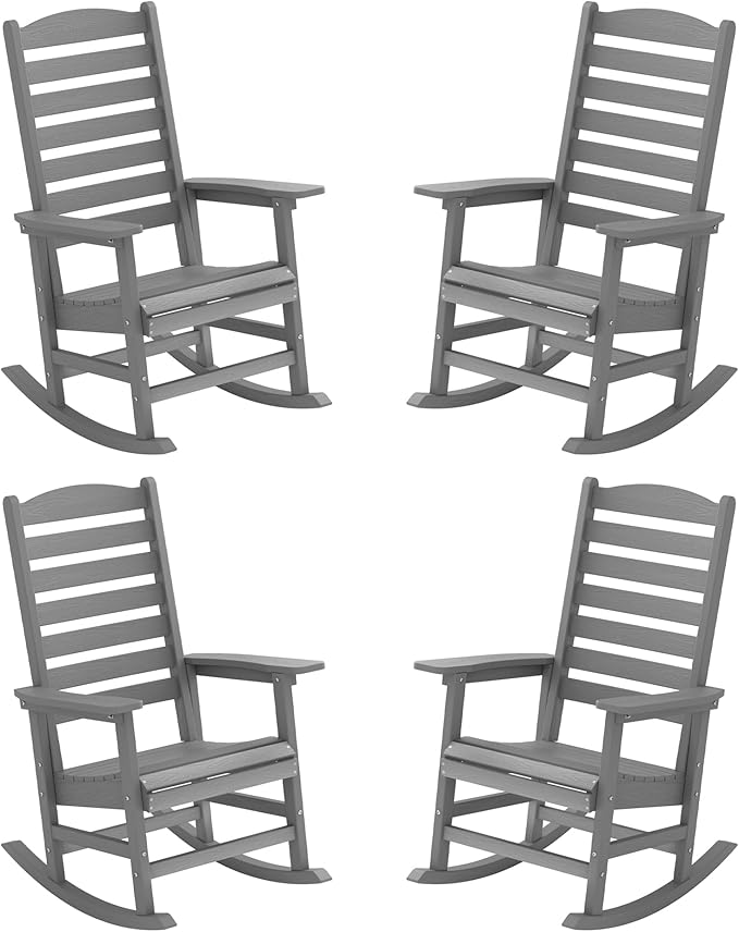 YEFU Outdoor Rocking Chair Set of 4,Poly Porch Rocker with Curved Backrest,All Weather Patio Rocking Chair,Like Real Wood,for Indoor,Lawn, Backyard,Garden,Heavy Duty,Weight Capacity 380lbs(Grey)