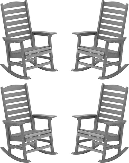 YEFU Outdoor Rocking Chair Set of 4,Poly Porch Rocker with Curved Backrest,All Weather Patio Rocking Chair,Like Real Wood,for Indoor,Lawn, Backyard,Garden,Heavy Duty,Weight Capacity 380lbs(Grey)