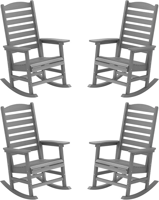 YEFU Outdoor Rocking Chair Set of 4,Poly Porch Rocker with Curved Backrest,All Weather Patio Rocking Chair,Like Real Wood,for Indoor,Lawn, Backyard,Garden,Heavy Duty,Weight Capacity 380lbs(Grey)