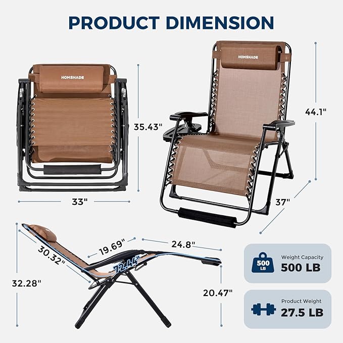 HOMSHADE XXL Zero Gravity Chair with Cushion, 33In Oversized Zero Gravity Lounge Chair, Patio Outdoor Recliner Chair for Indoor Outdoor with Headrest, Cup Holder, Footrest Support 500Lbs, Brown