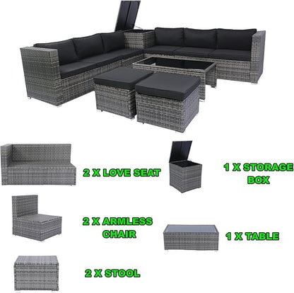 Quarte 8 Piece Patio Wicker Sectional Sofa Set,Outdoor Conversation Furniture Sofa Set with One Storage Box and Cushion for Porch Lawn Garden Backyard Poolside