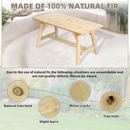 Outdoor Coffee Table, Thick Wooden Patio Adirondack Log Coffee Table with Slatted Tabletop, Solid Wood Rustic Rectangle Center Table for Deck, Garden, Balcony, Indoor or Outdoor Use, Natural