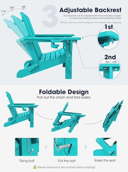 KINGYES Folding Adjustable Adirondack Chair with Retractable Ottoman Set of 4, HDPE Adirondack Recliner Chair with Footrest, Aruba
