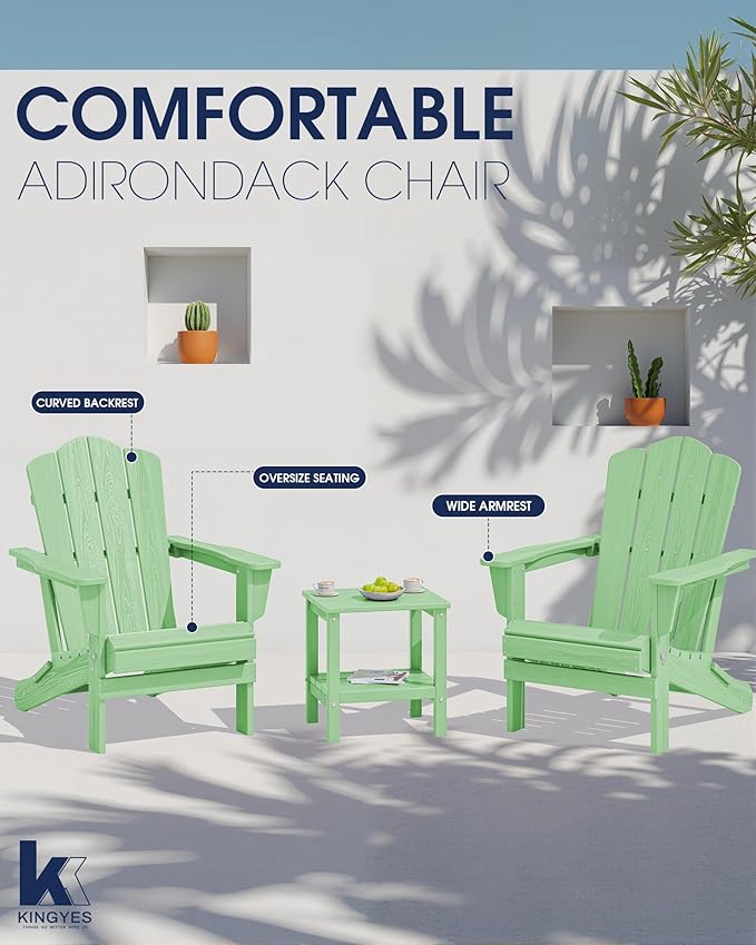 KINGYES Folding Adirondack Chair Set of 2, HDPE All-Weather Folding Adirondack Chair, Light Green